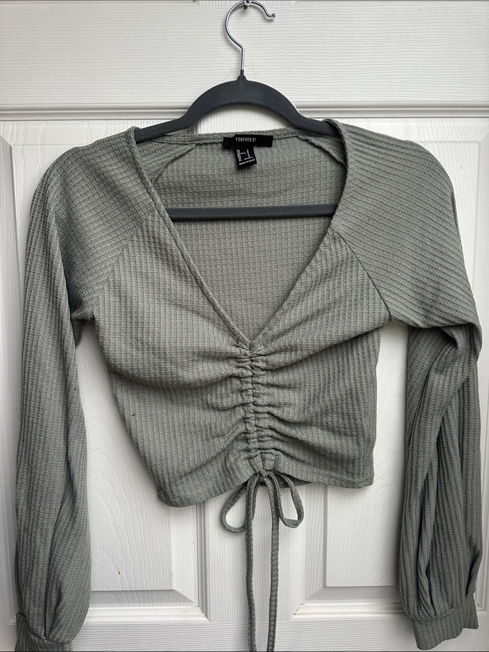 Forever 21 Sage Green Ruched Drawstring Long-Sleeve Crop Top